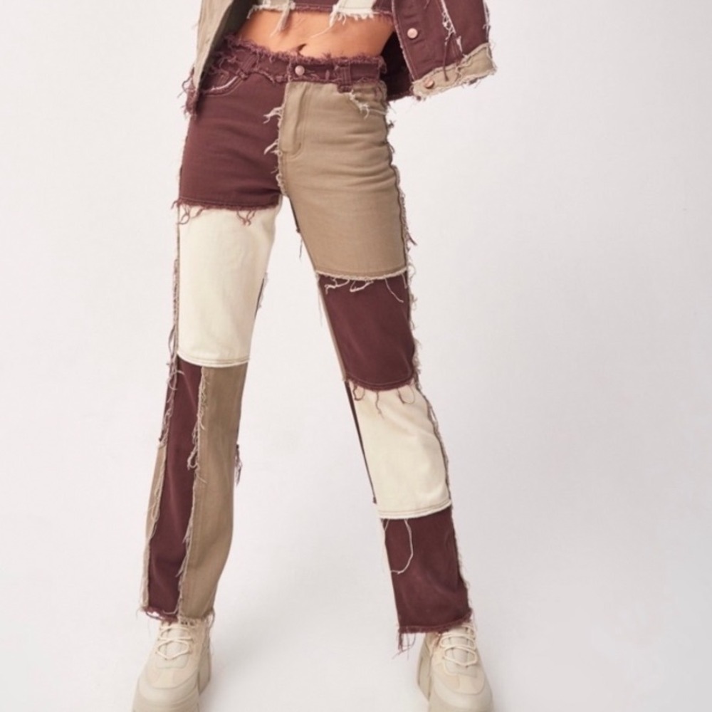 Jaded London Patchwork Distressed Boyfriend Jeans Brown Tan W25 Streetwear